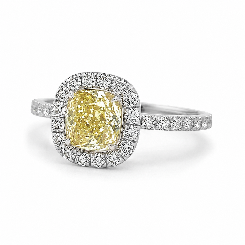 Natural Cushion Cut Fancy Yellow Diamond Halo Ring 18KT White Gold