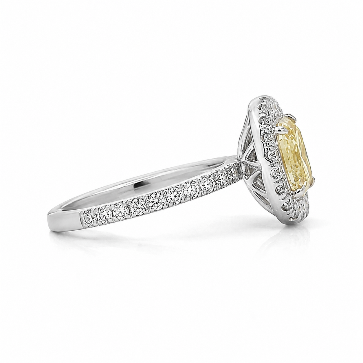 Natural Cushion Cut Fancy Yellow Diamond Halo Ring 18KT White Gold