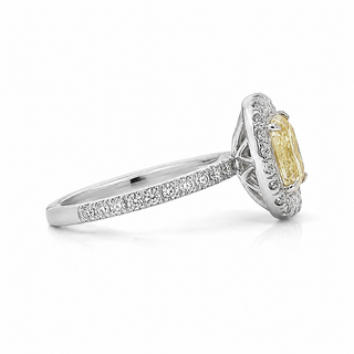 Natural Cushion Cut Fancy Yellow Diamond Halo Ring 18KT White Gold