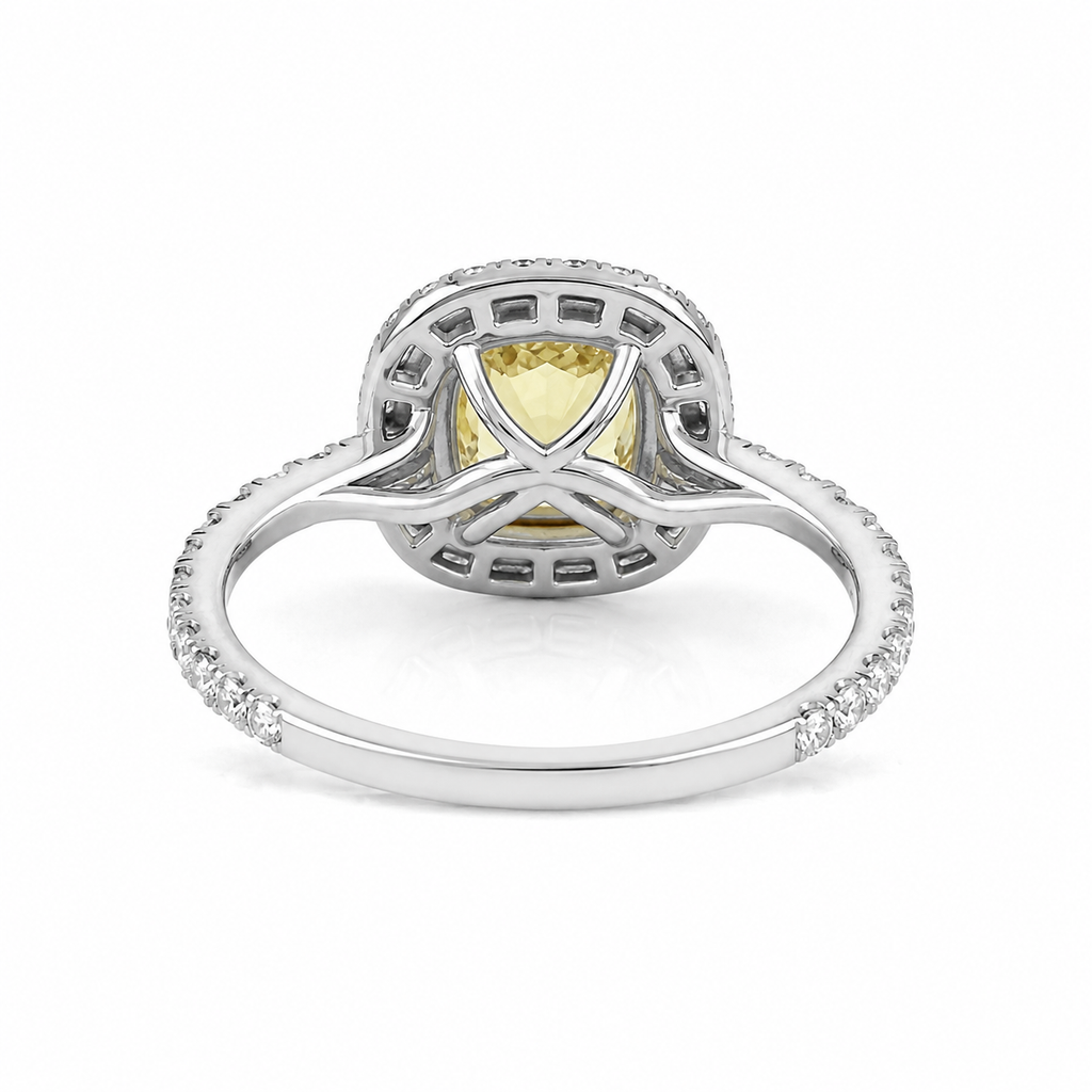 Natural Cushion Cut Fancy Yellow Diamond Halo Ring 18KT White Gold