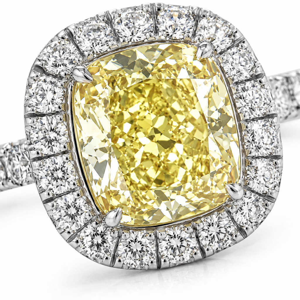 Natural Cushion Cut Fancy Yellow Diamond Halo Ring 18KT White Gold