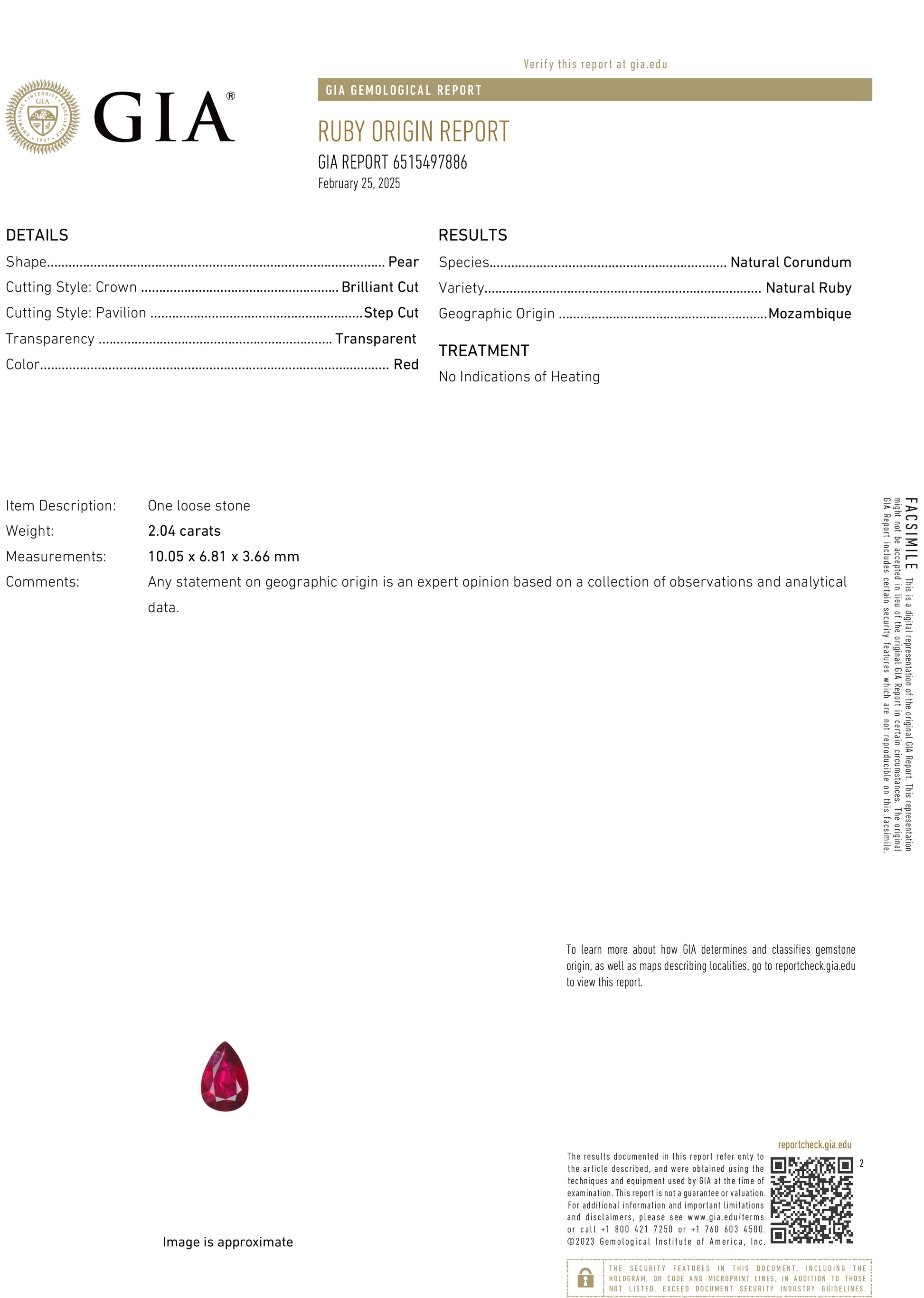 2.04 Carat Red Ruby Pear Cut GIA