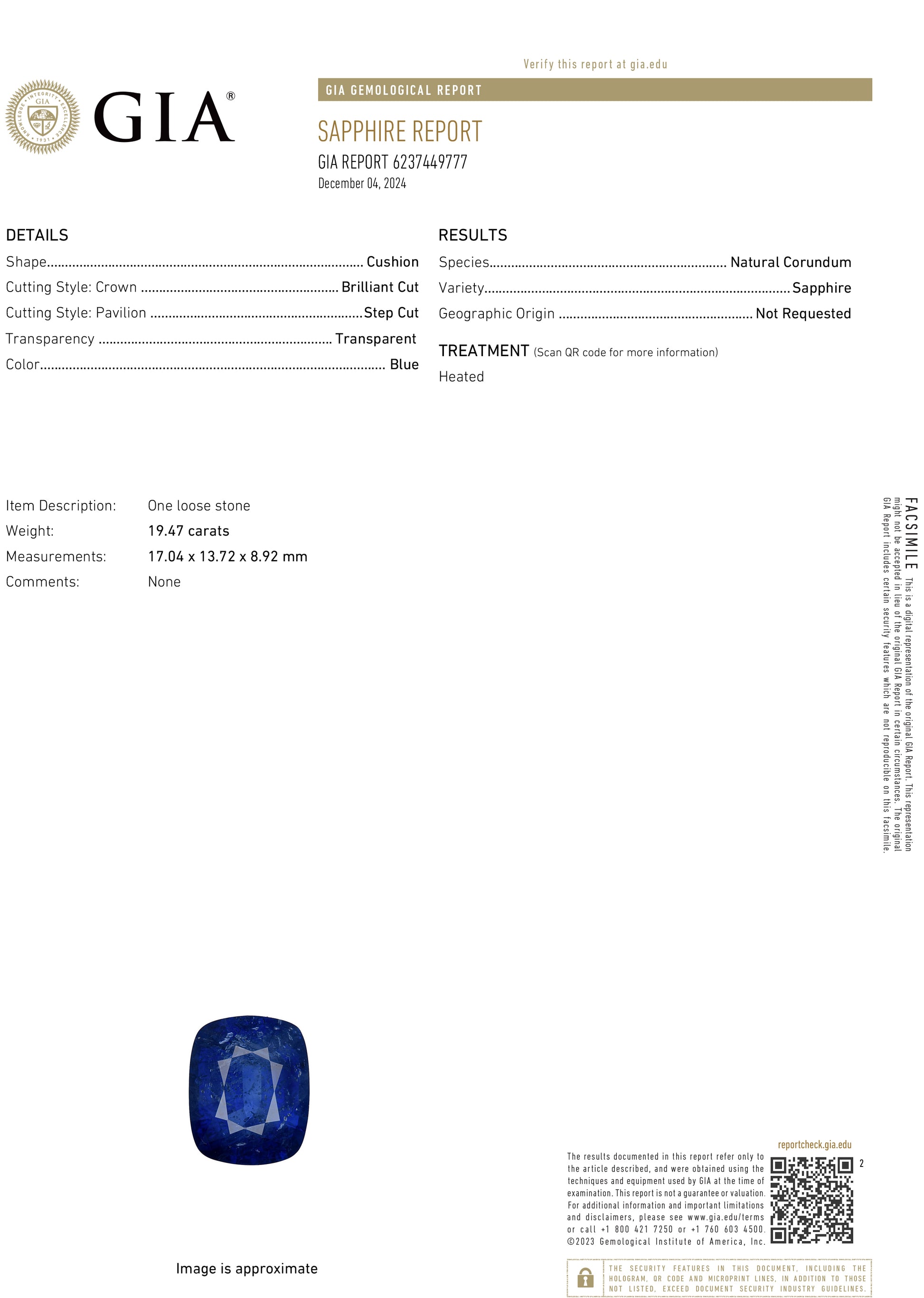 19.47 Carat Blue Sri Lanka Sapphire Cushion Cut GIA