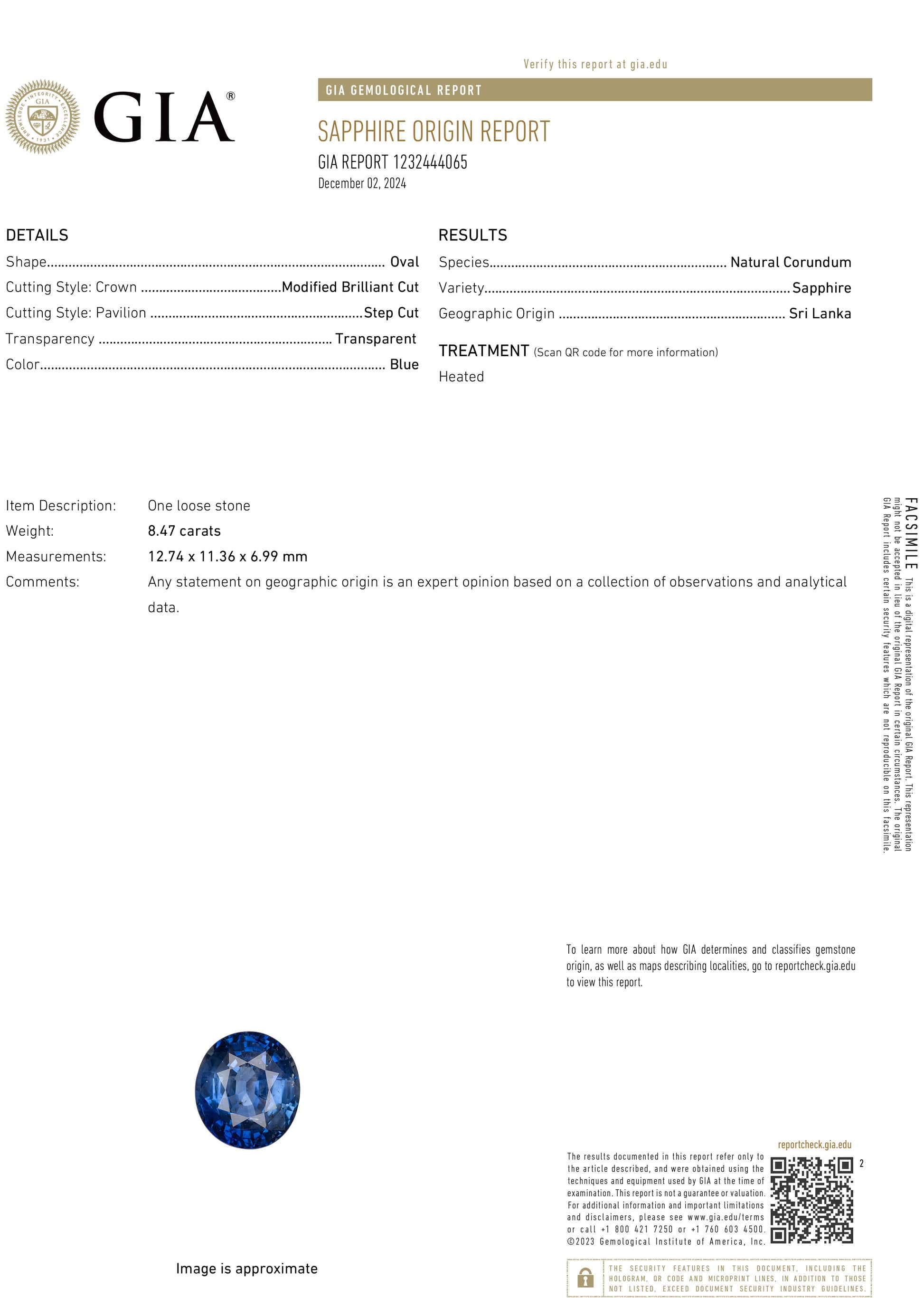 8.47 Carat Blue Sri Lanka Sapphire Oval Cut GIA