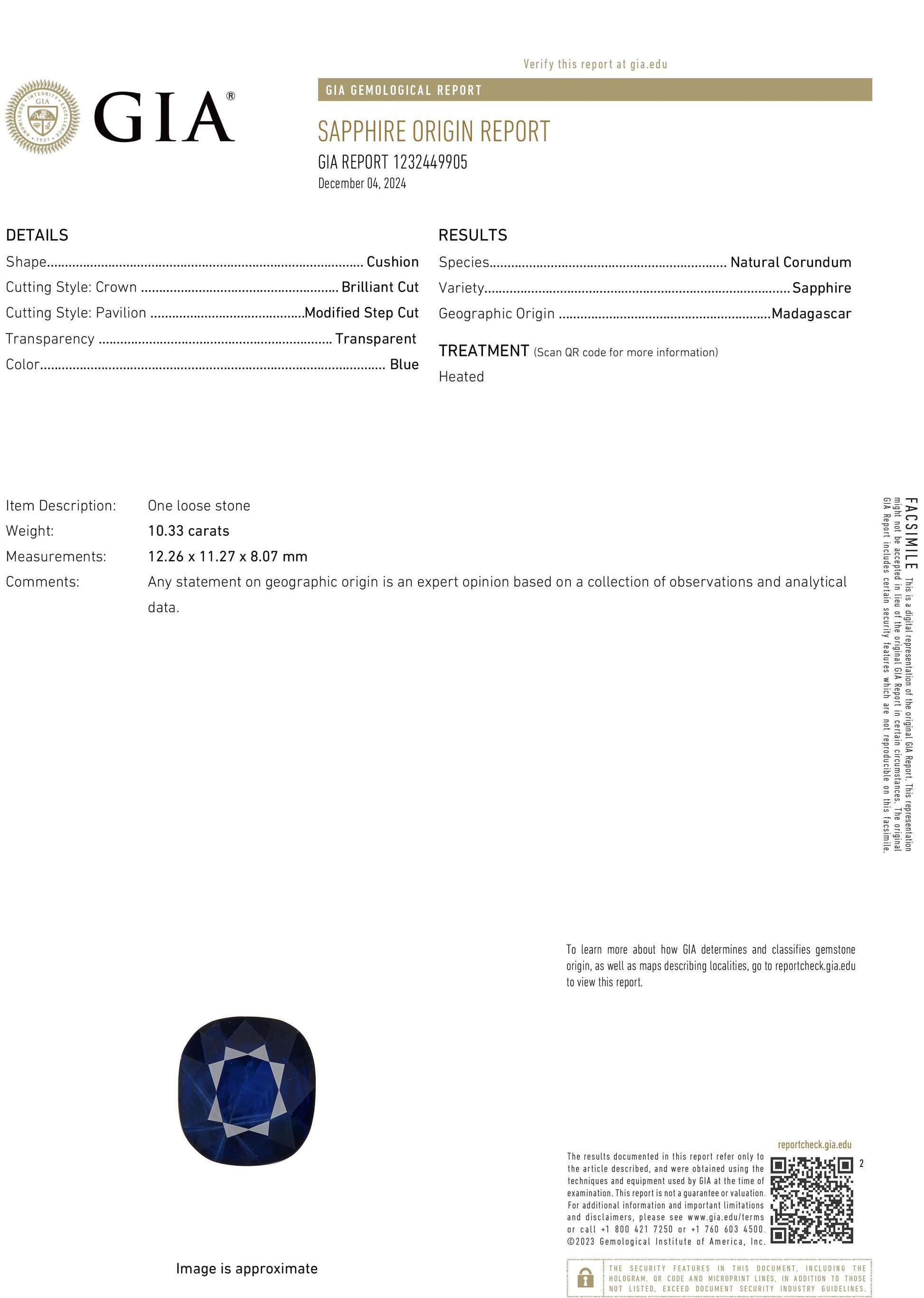 10.13 Carat Cushion Shaped Blue Sapphire (GIA) 1232449905