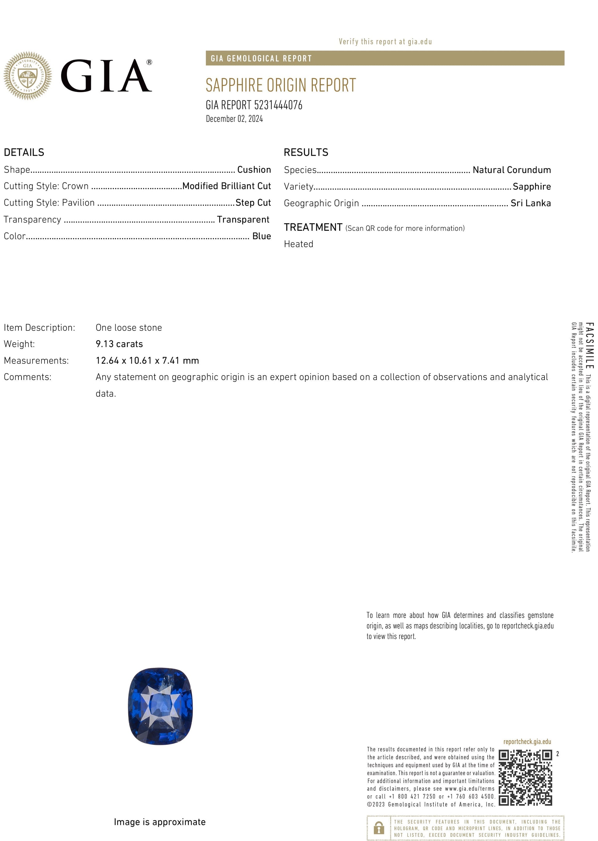 9.13 Carat Cushion Shaped Blue Sapphire (GIA) 5231444076