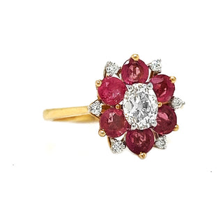 Natural Old European Oval Cut Diamond & Pink Sapphire Cluster Ring, in Yellow Gold