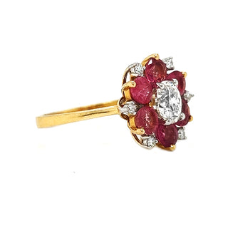 Natural Old European Oval Cut Diamond & Pink Sapphire Cluster Ring, in Yellow Gold