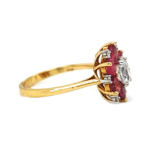 Natural Old European Oval Cut Diamond & Pink Sapphire Cluster Ring, in Yellow Gold