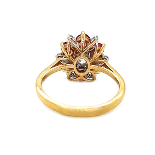 Natural Old European Oval Cut Diamond & Pink Sapphire Cluster Ring, in Yellow Gold