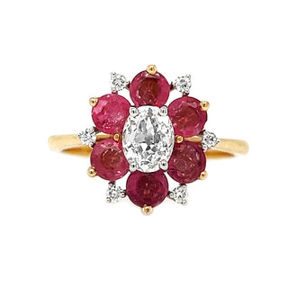 Natural Old European Oval Cut Diamond & Pink Sapphire Cluster Ring, in Yellow Gold