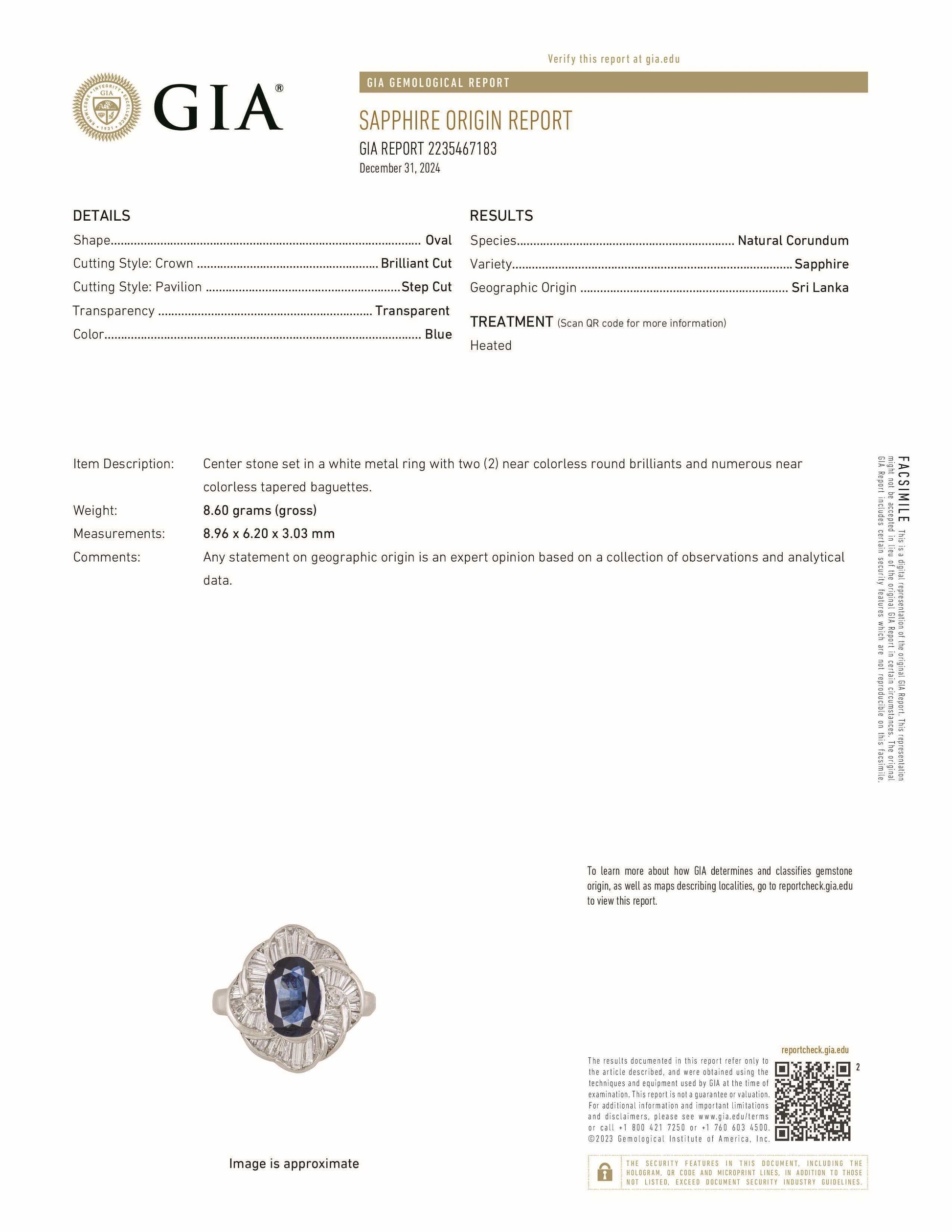 1.60 Carat Oval Cut Sapphire GIA 2235467183