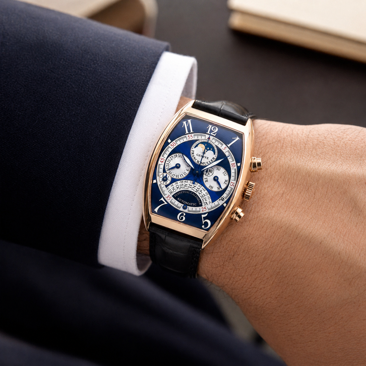 Franck Muller 6850 QPE 46x34 18K Rose Gold Perpetual Calendar Watch