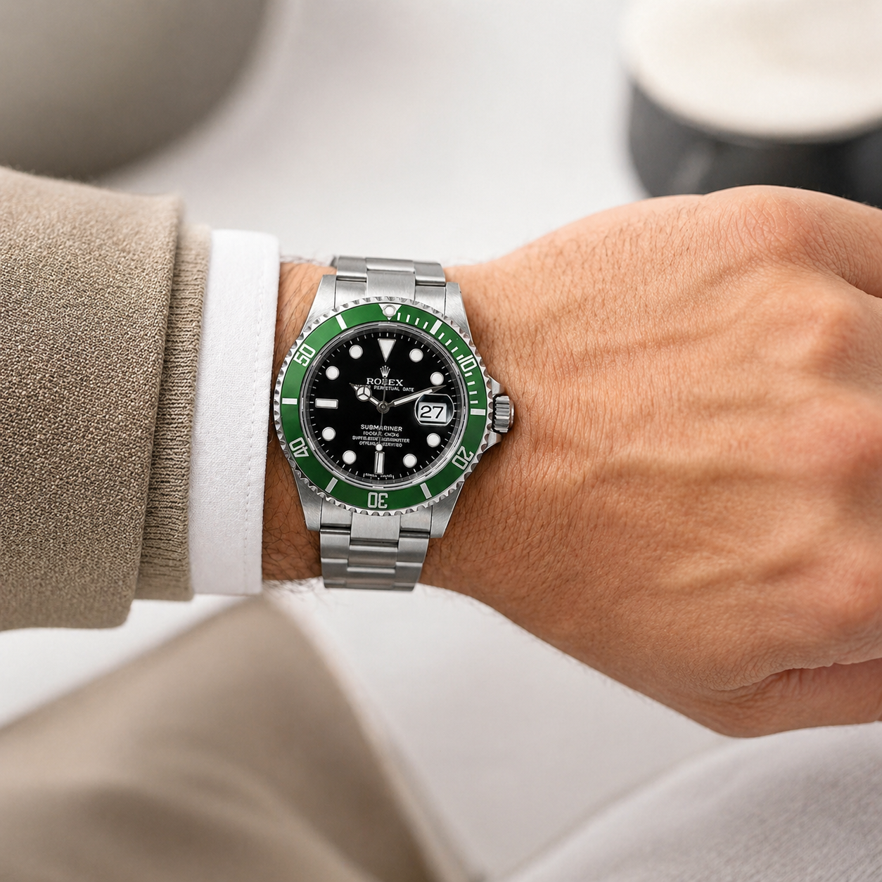 Rolex 50th Anniversary Green Submariner, D Serial, Complete Set