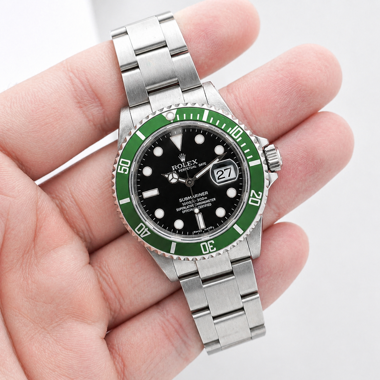 Rolex 50th Anniversary Green Submariner, D Serial, Complete Set