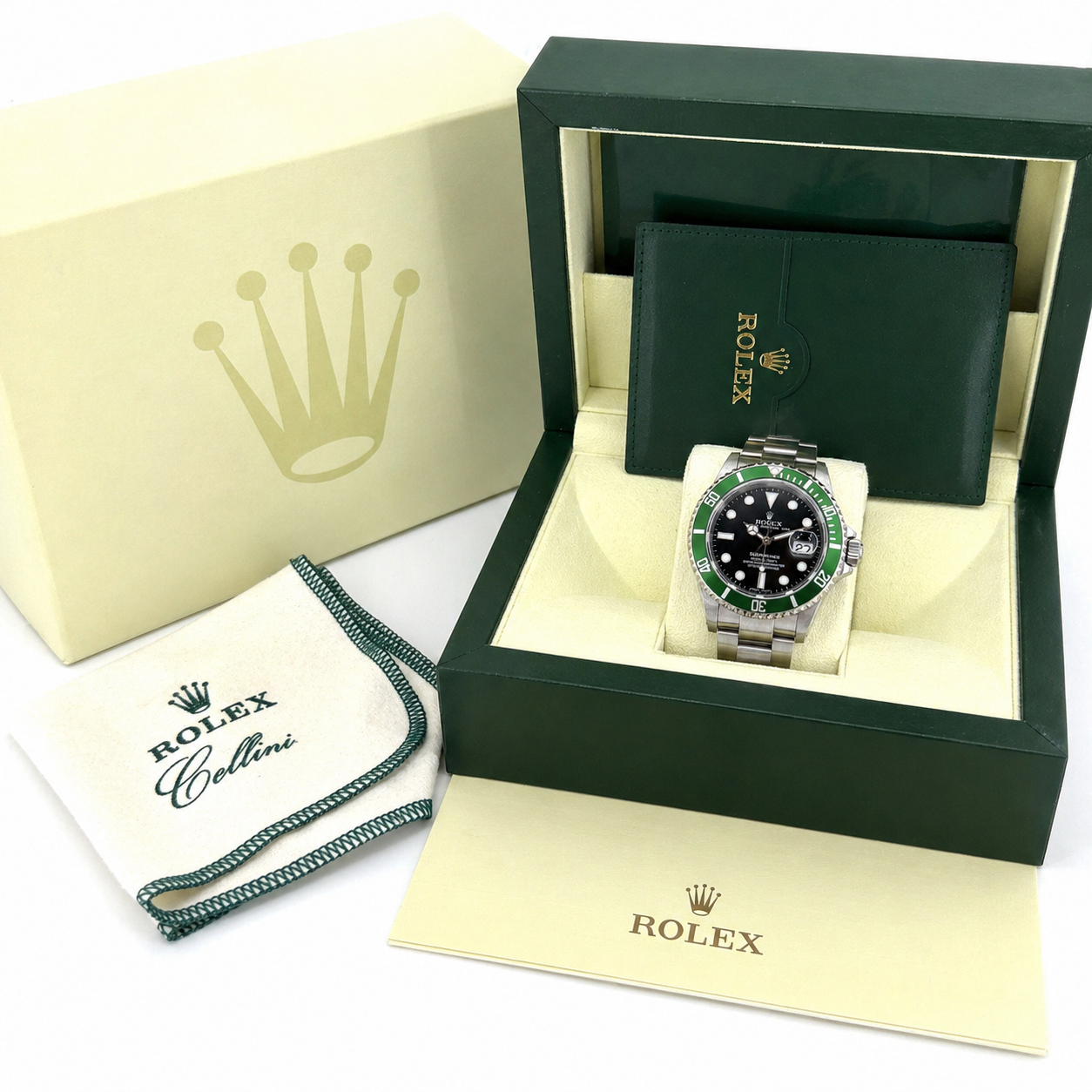 Rolex 50th Anniversary Green Submariner, D Serial, Complete Set