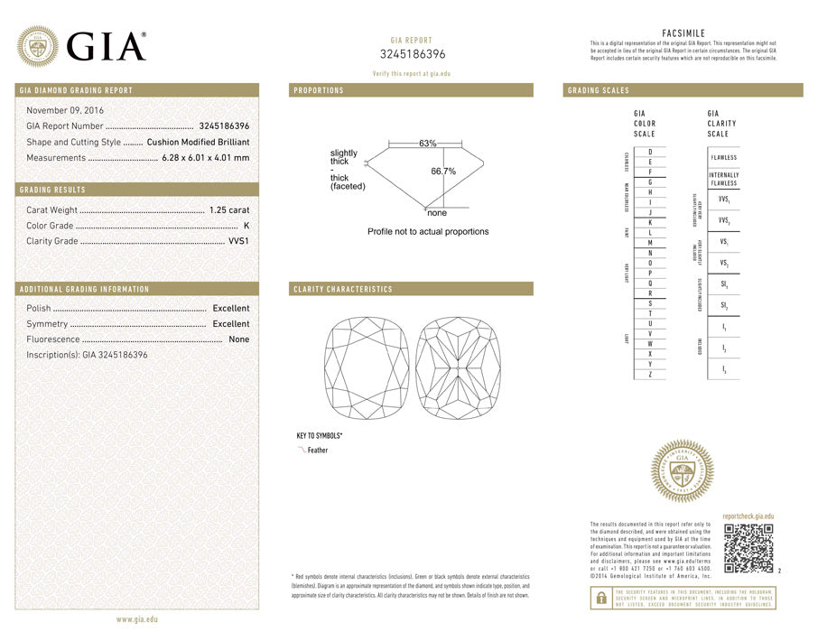 1.25 ct Diamond Cushion Cut K VVS1 (GIA) 3245186396