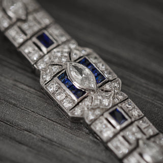 Natural Mined Diamond with Blue Sapphire Art Deco Cocktail Platinum Bracelet
