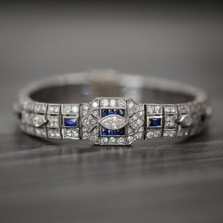 Natural Mined Diamond with Blue Sapphire Art Deco Cocktail Platinum Bracelet