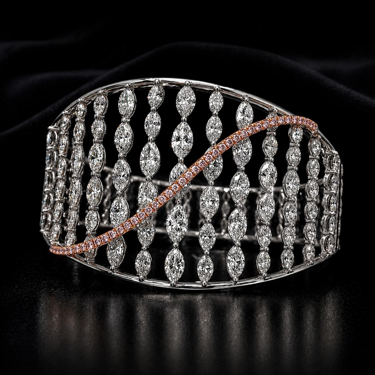 Natural Marquise Cut Diamond with Pink Diamonds Cocktail Bangle 18KT White Gold