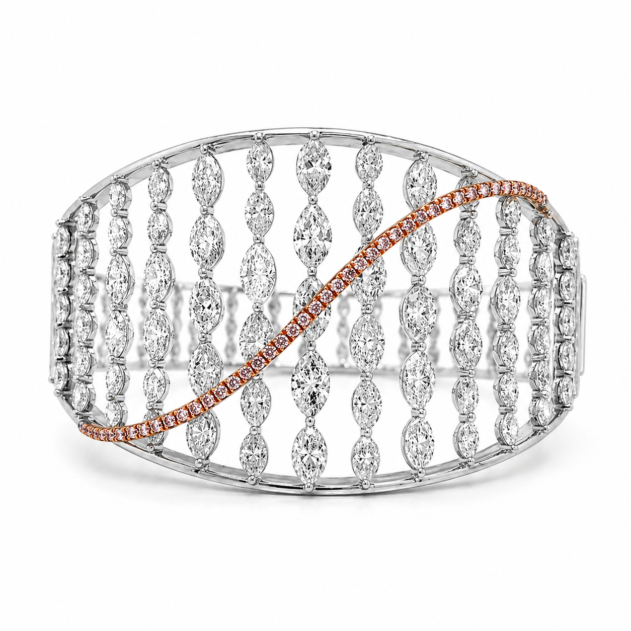 Natural Marquise Cut Diamond with Pink Diamonds Cocktail Bangle 18KT White Gold