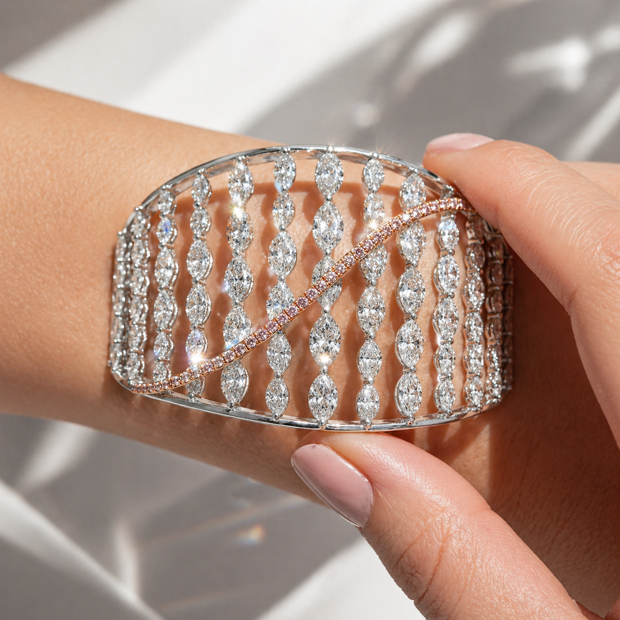 Natural Marquise Cut Diamond with Pink Diamonds Cocktail Bangle 18KT White Gold