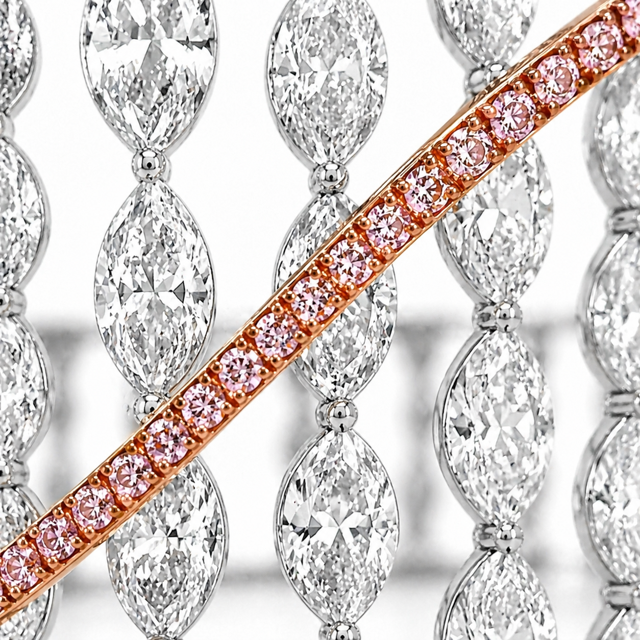 Natural Marquise Cut Diamond with Pink Diamonds Cocktail Bangle 18KT White Gold