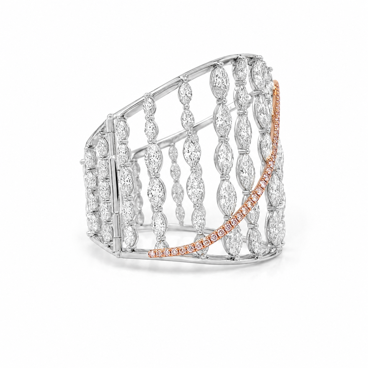 Natural Marquise Cut Diamond with Pink Diamonds Cocktail Bangle 18KT White Gold