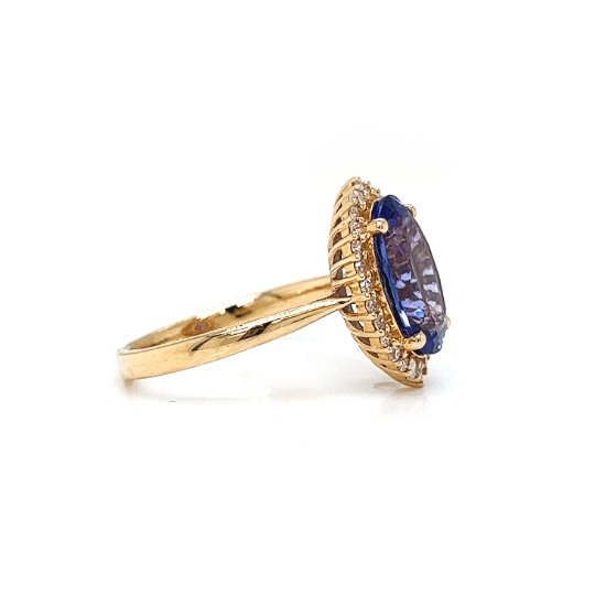 Natural Tanzanite and Diamond Halo Floral Ring, in Yellow Gold