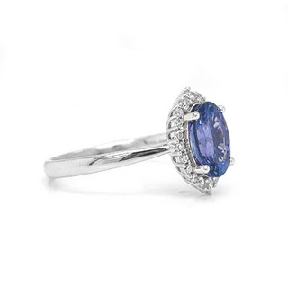 Natural Oval Tanzanite and Round Diamond Halo Floral White Gold Ring