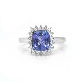 Natural Mined Tanzanite and Diamond Halo Floral White Gold Ring