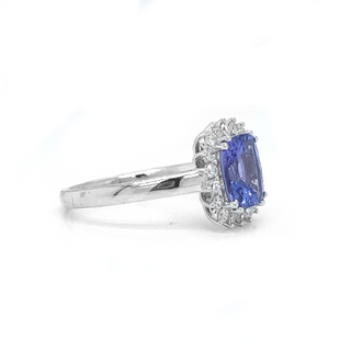 Natural Mined Tanzanite and Diamond Halo Floral White Gold Ring
