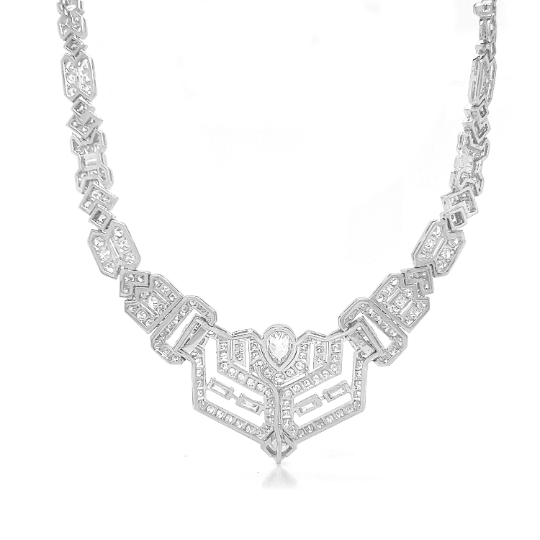 Natural Diamond Cluster Art Deco Cocktail Necklace, in White Gold - Preowned