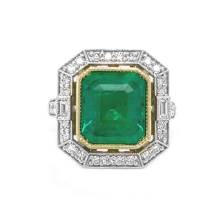 Natural Mined Emerald and Diamond Halo Cocktail Bridal Ring White Gold