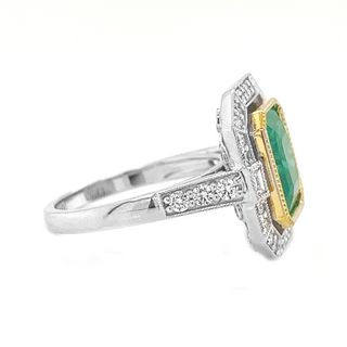 Natural Mined Emerald and Diamond Halo Cocktail Bridal Ring White Gold