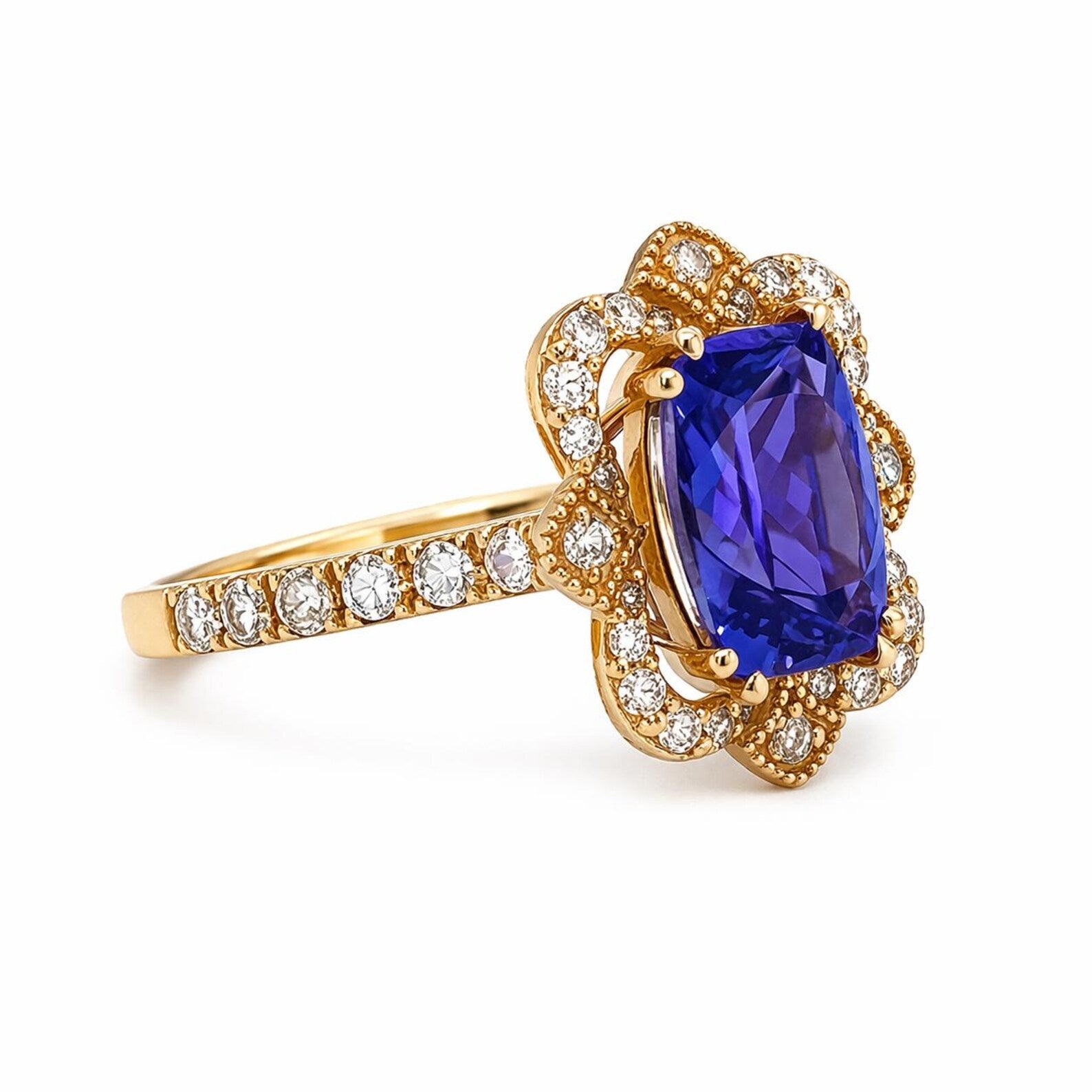Natural Tanzanite and Diamond Cocktail Ring, in Yellow Gold