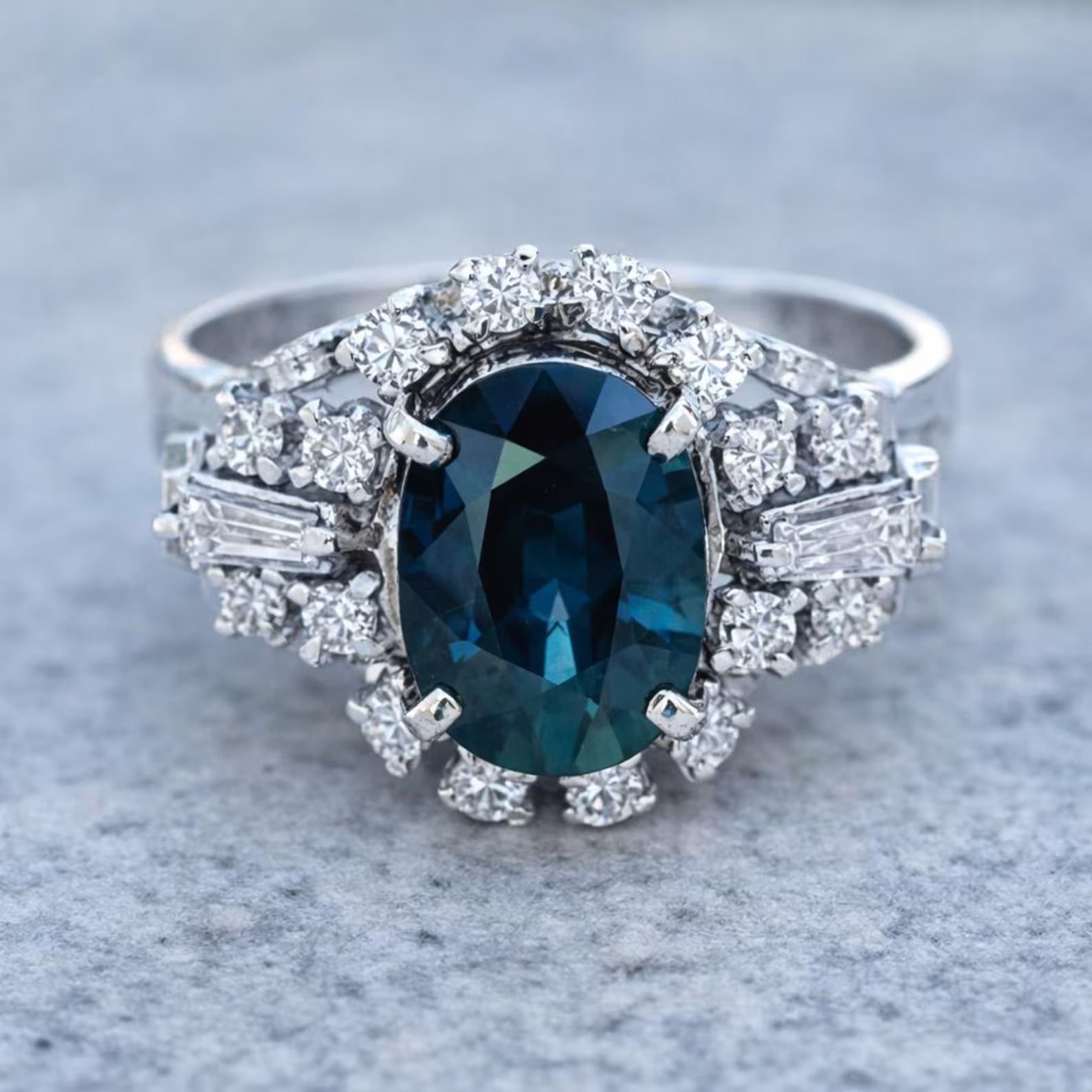 Natural Blue Sapphire and Diamond Art Deco Cluster Platinum Ring