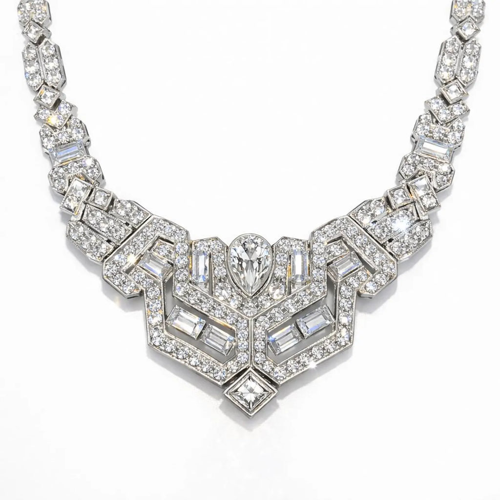 Natural Diamond Cluster Art Deco Cocktail Necklace 18KT White Gold