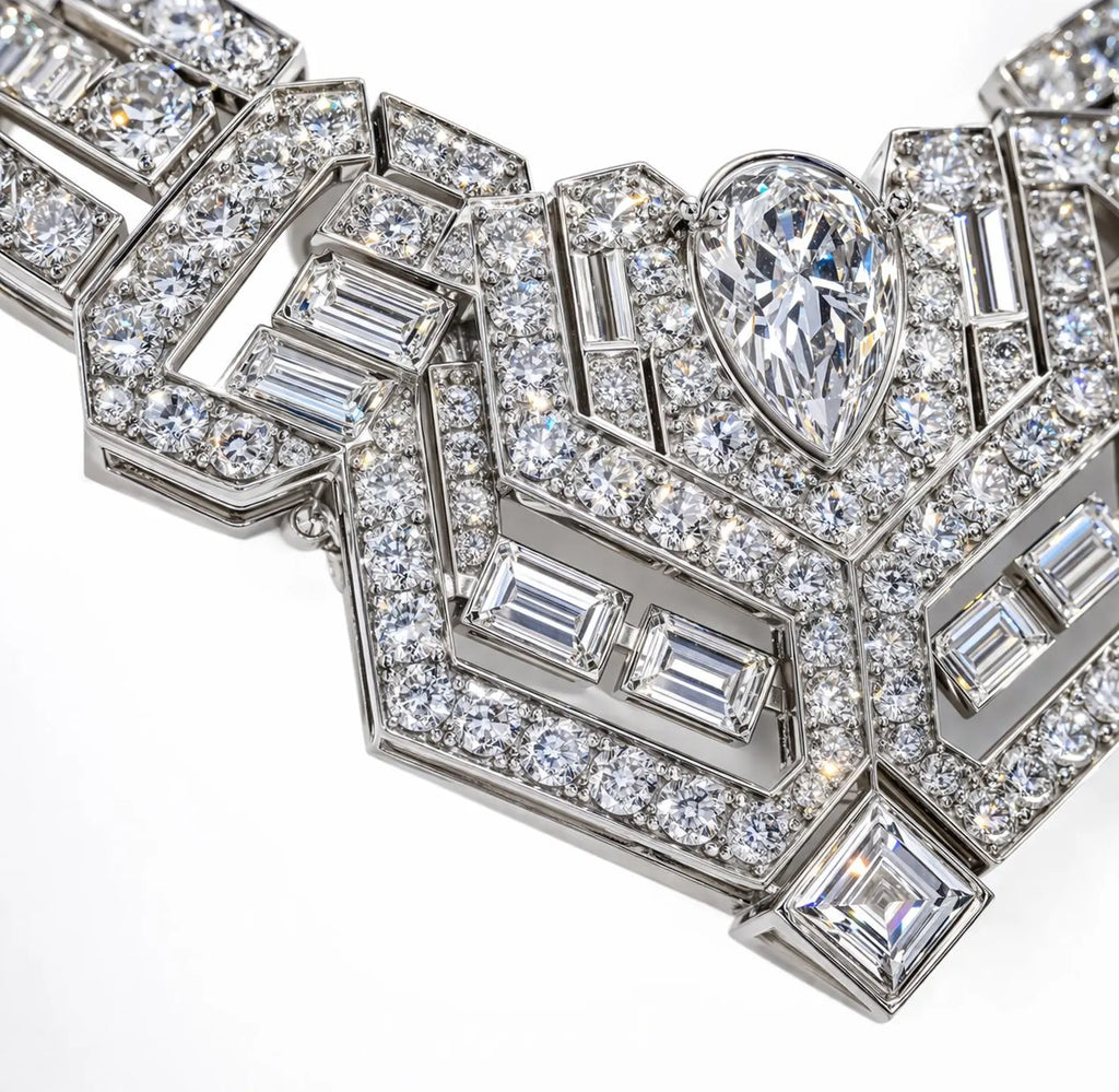 Natural Diamond Cluster Art Deco Cocktail Necklace 18KT White Gold