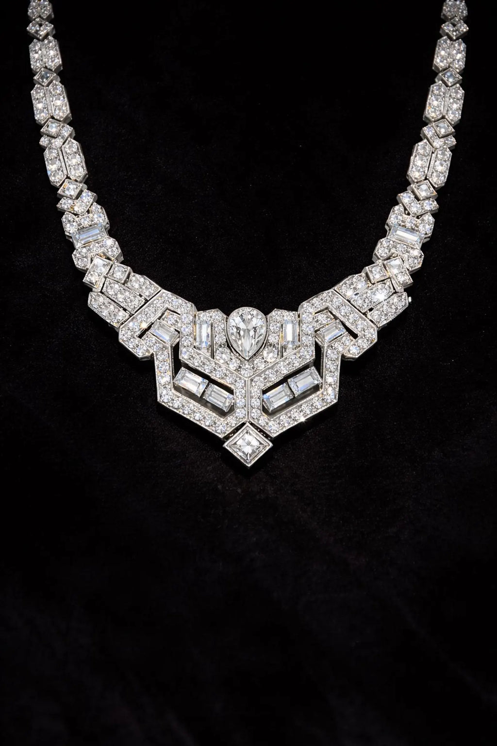 Natural Diamond Cluster Art Deco Cocktail Necklace 18KT White Gold