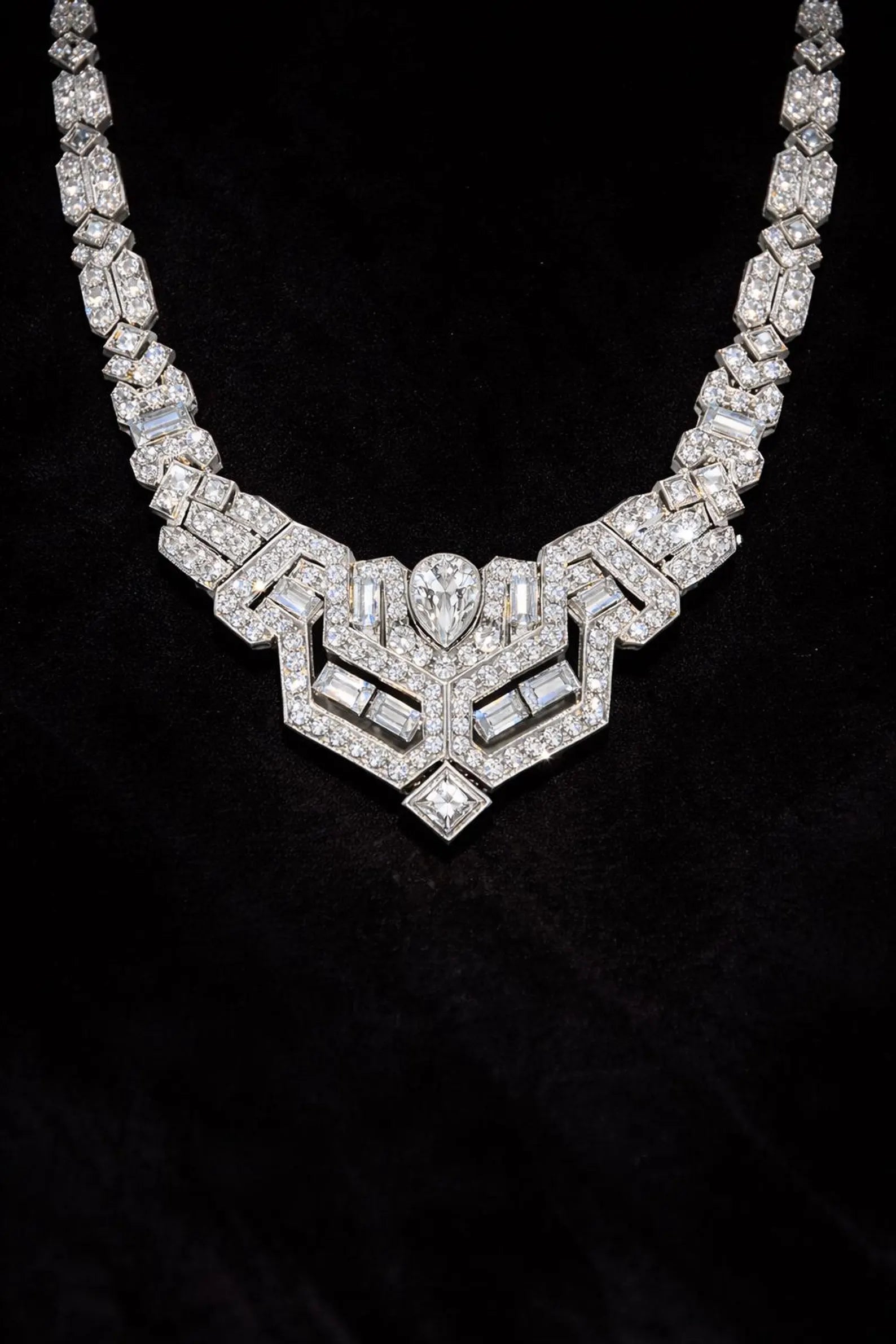 Natural Diamond Cluster Art Deco Cocktail Necklace, in White Gold - Preowned