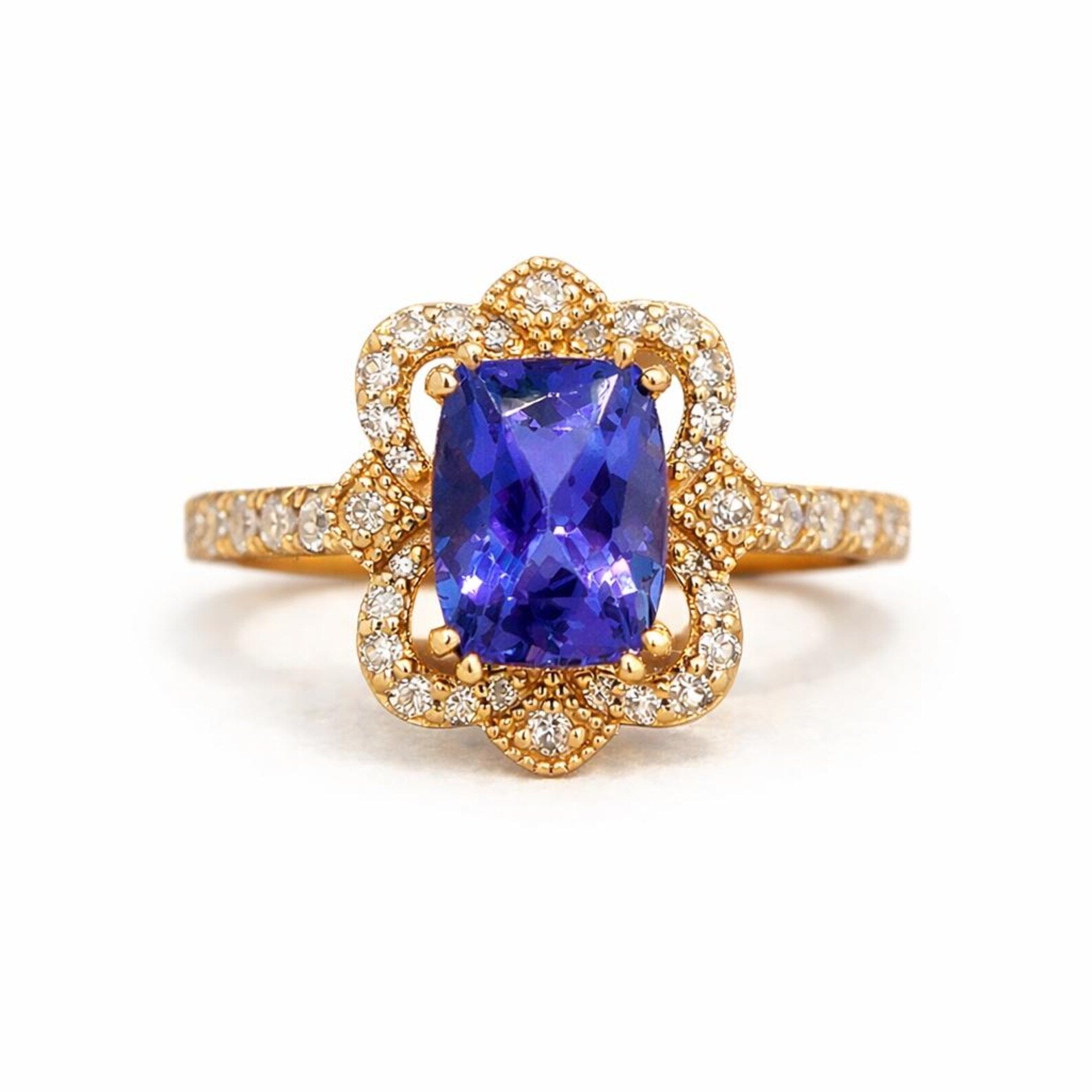 Natural Tanzanite and Diamond Cocktail Ring, in Yellow Gold