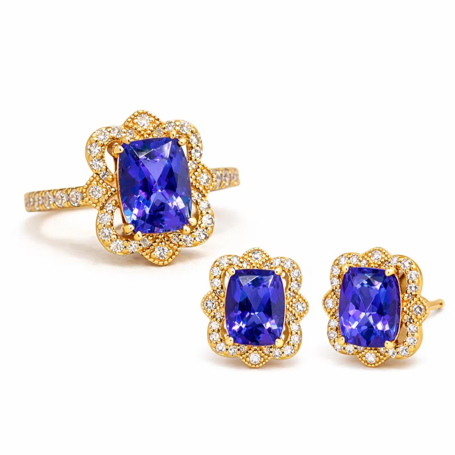 Natural Tanzanite and Diamond Cocktail Ring, in Yellow Gold