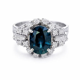 Natural Blue Sapphire and Diamond Art Deco Cluster Platinum Ring