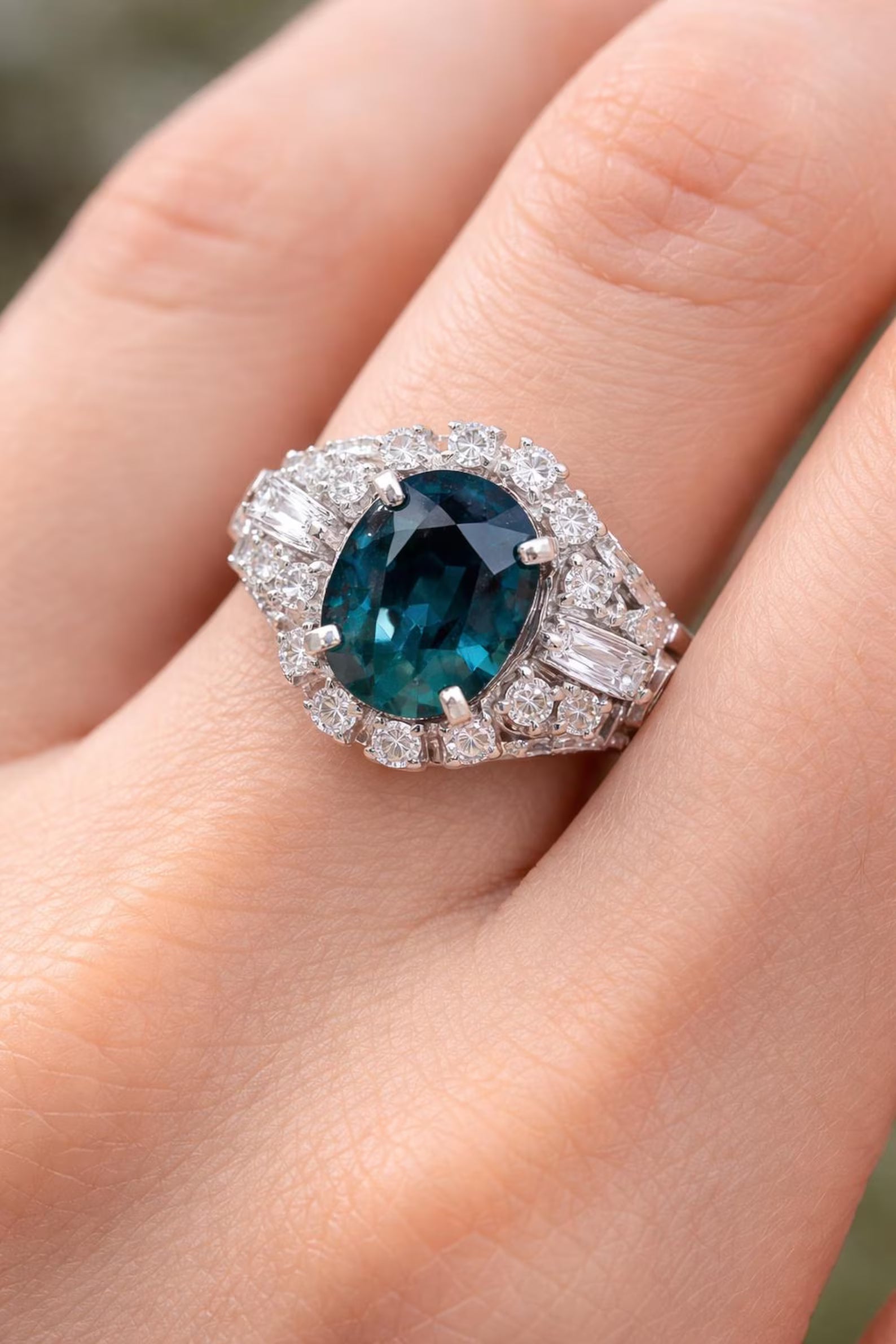 Natural Blue Sapphire and Diamond Art Deco Cluster Platinum Ring
