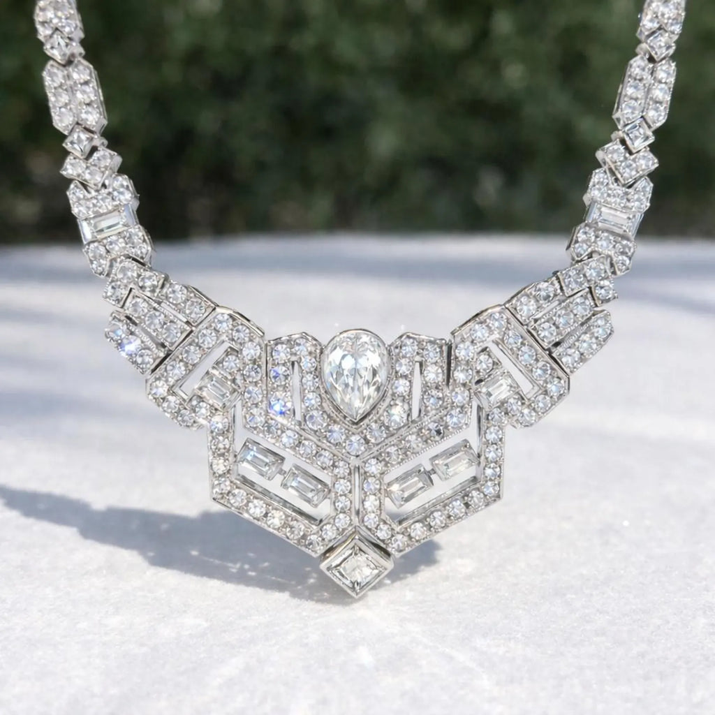 Natural Diamond Cluster Art Deco Cocktail Necklace 18KT White Gold