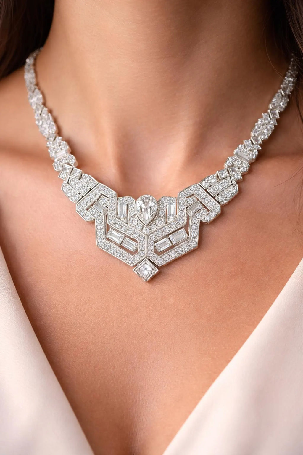 Natural Diamond Cluster Art Deco Cocktail Necklace 18KT White Gold