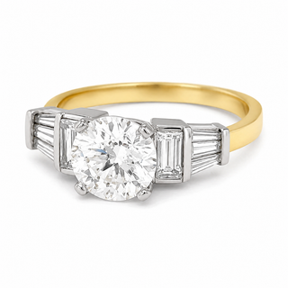 Natural Round and Baguette Cut Diamond Bridal Ring 18KT Yellow Gold GIA