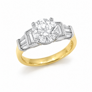 Natural Round and Baguette Cut Diamond Bridal Ring 18KT Yellow Gold GIA