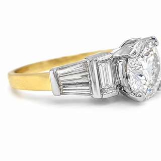 Natural Round and Baguette Cut Diamond Bridal Ring 18KT Yellow Gold GIA
